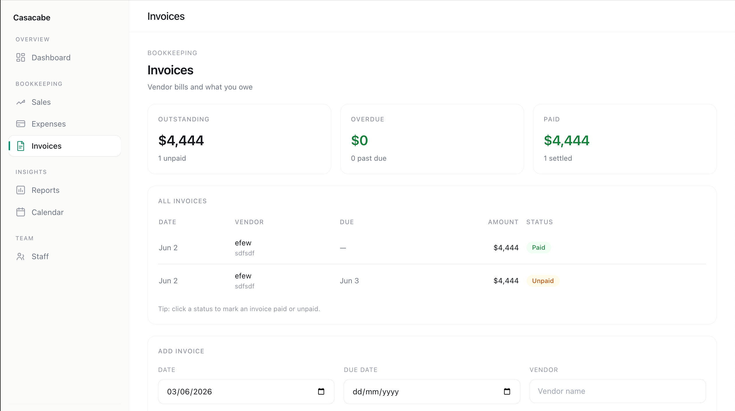 Casacabe vendor invoice management