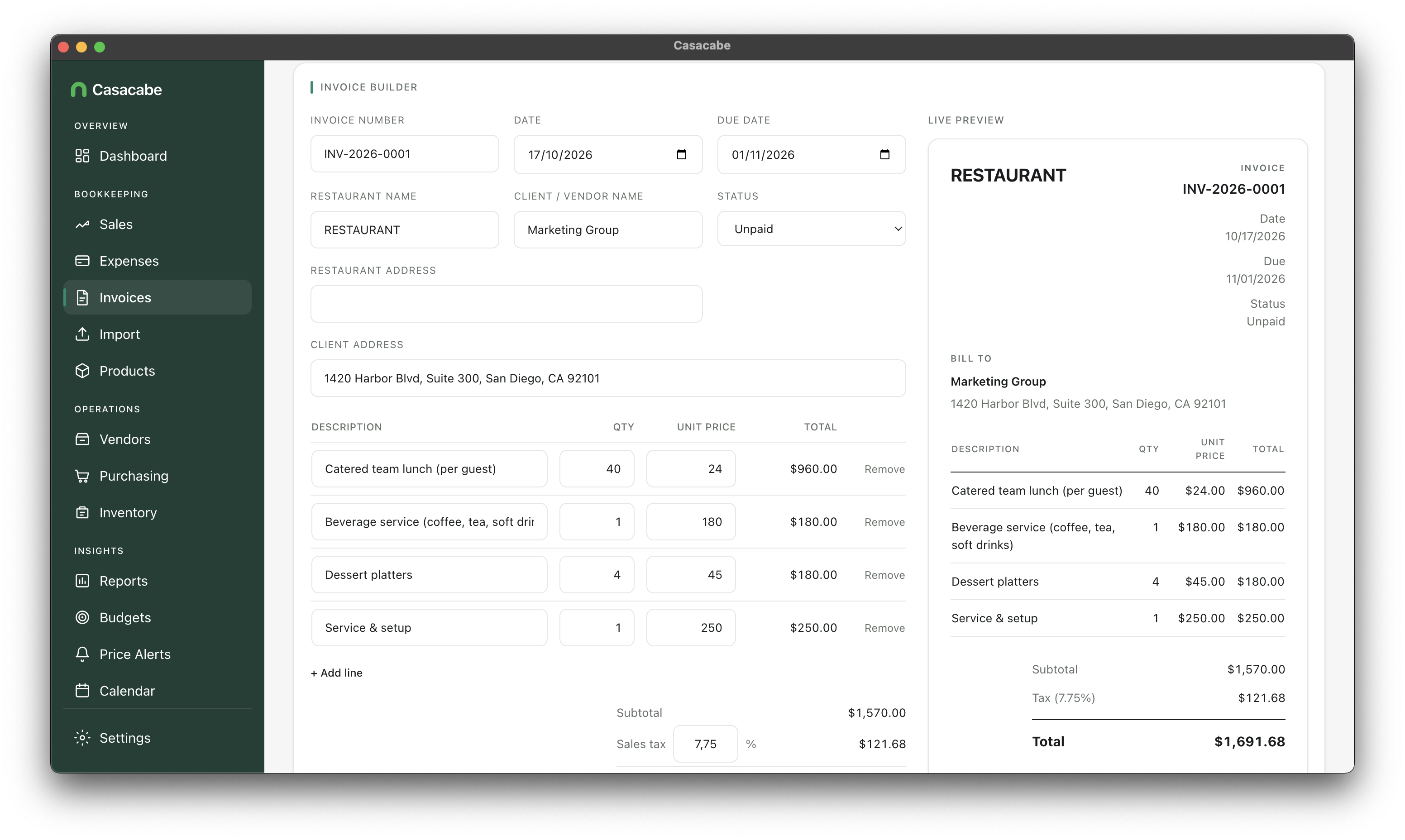 Casacabe invoice builder with line items and payment status